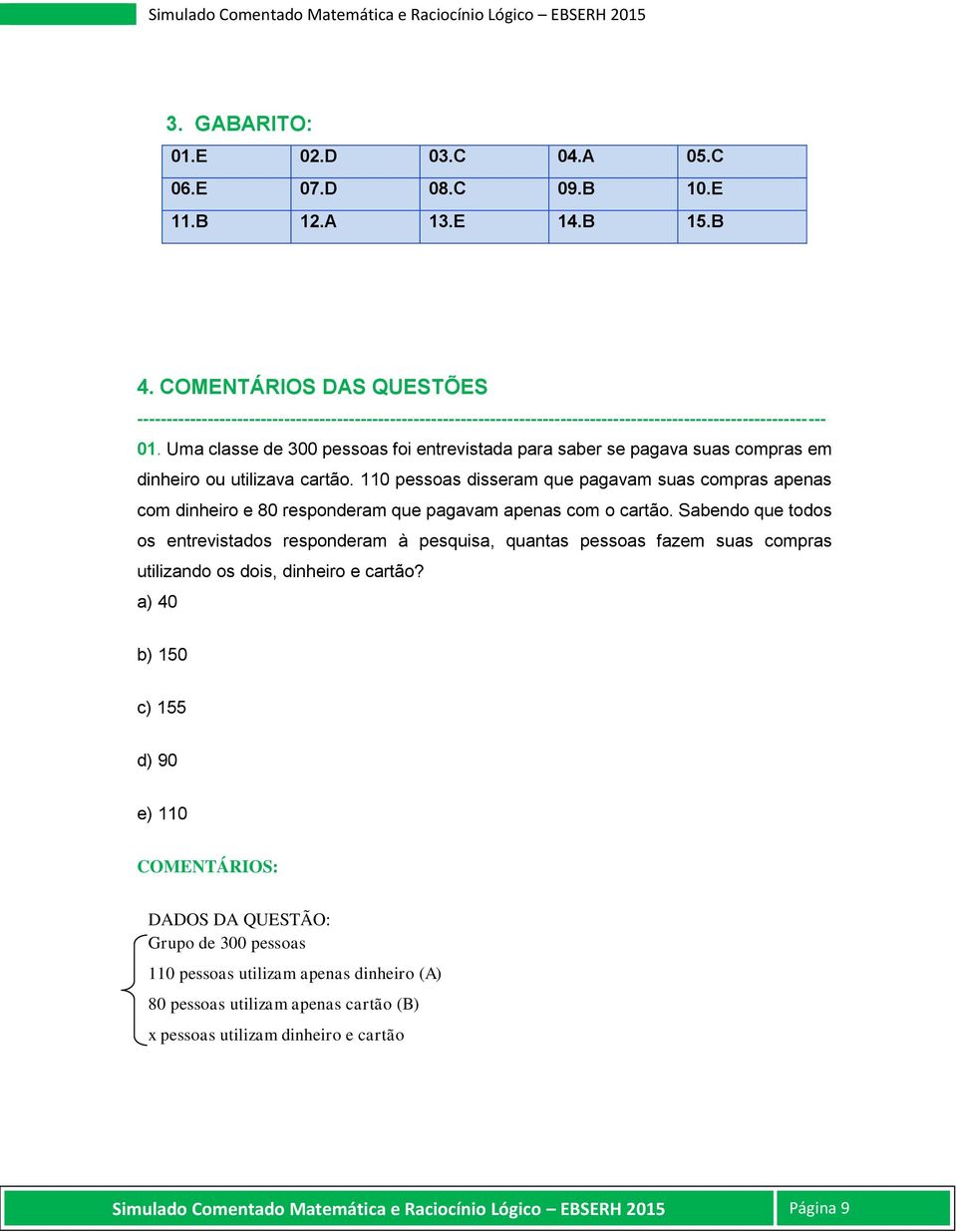 Uma classe de 300 pessoas foi entrevistada para saber se pagava suas compras em dinheiro ou utilizava cartão.