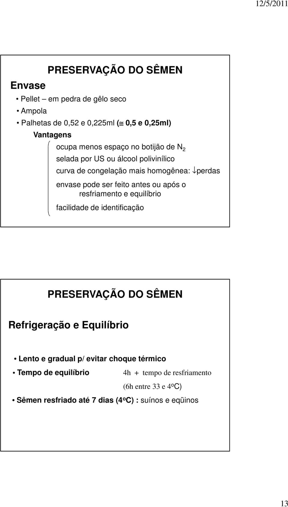 ou após o resfriamento e equilíbrio facilidade de identificação PRESERVAÇÃO DO SÊMEN Refrigeração e Equilíbrio Lento e gradual p/