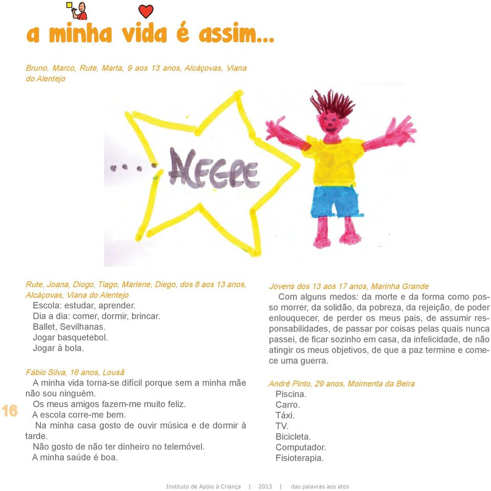 Dia a dia: comer, dormir, brincar. Ballet, Sevilhanas. Jogar basquetebol. Jogar à bola. Fábio Silva, 16 anos, Lousã A minha vida torna-se difícil porque sem a minha mãe não sou ninguém.