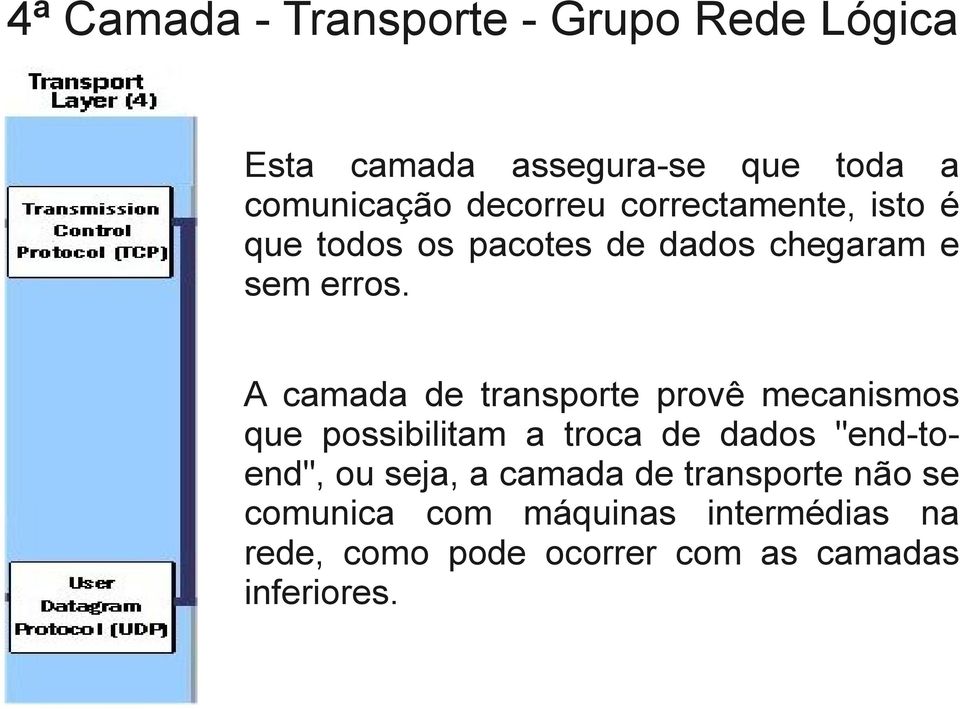 A camada de transporte provê mecanismos que possibilitam a troca de dados "end-toend", ou seja,