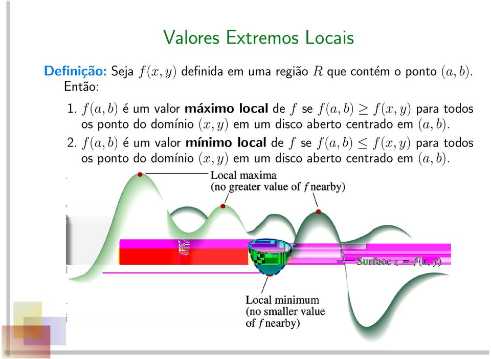 f(a, b) é um valor máximo local de f se f(a, b) f(x, y) para todos os ponto do domínio (x, y)