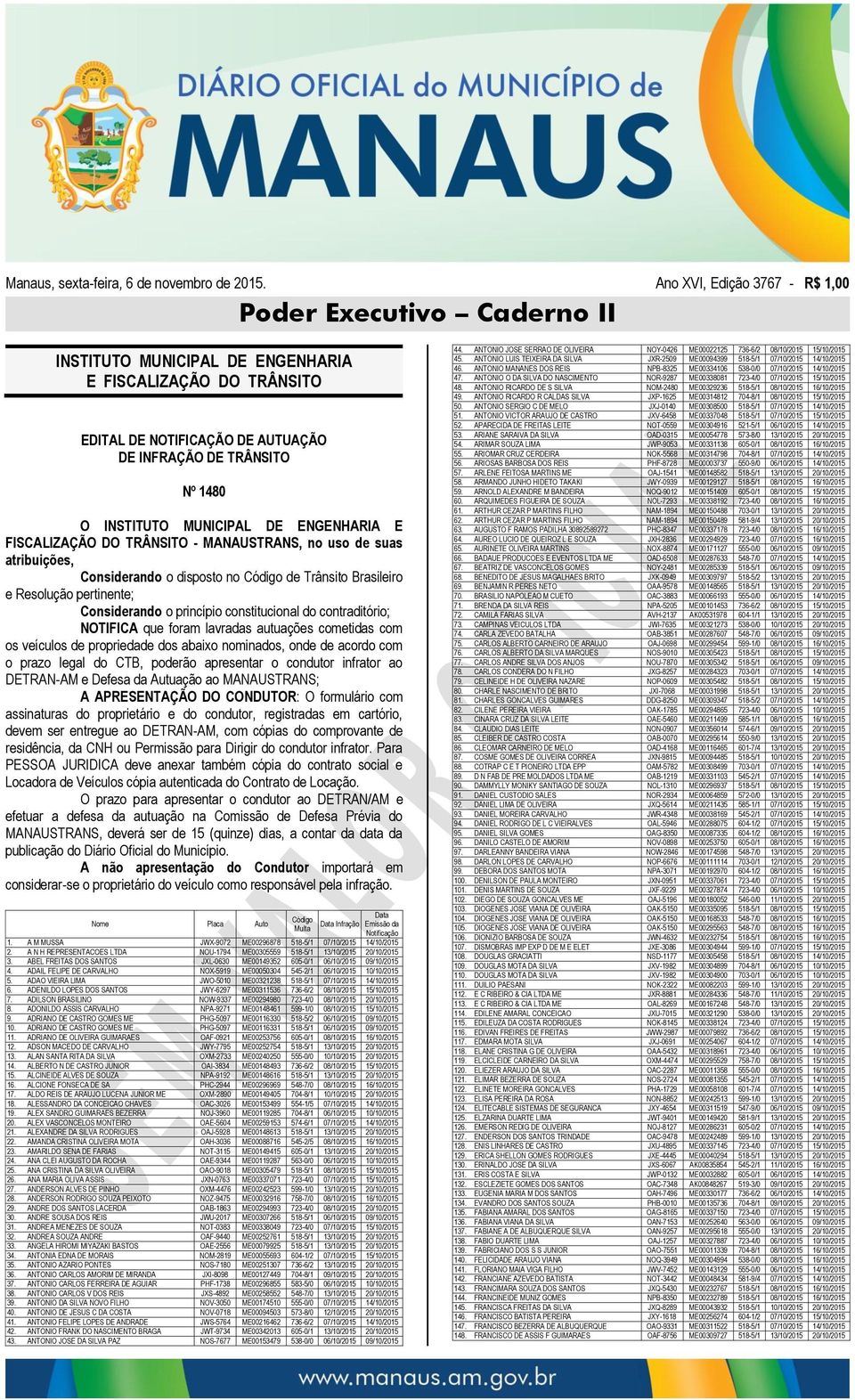 constitucional do contraditório; NOTIFICA que foram lavradas autuações cometidas com os veículos de propriedade dos abaixo nominados, onde de acordo com o prazo legal do CTB, poderão apresentar o