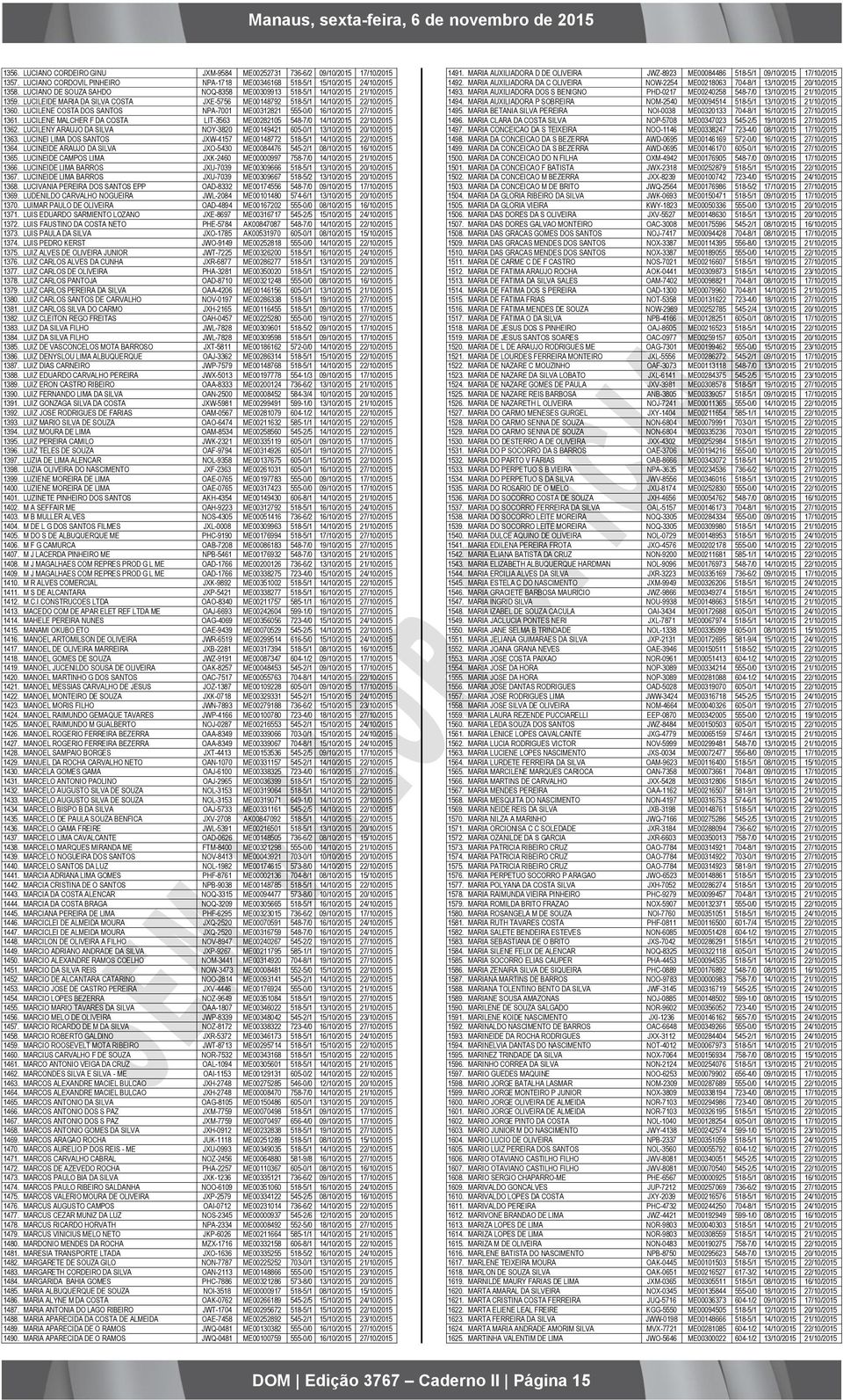 LUCILENE COSTA DOS SANTOS NPA-7001 ME00312821 555-0/0 16/10/2015 27/10/2015 1361. LUCILENE MALCHER F DA COSTA LIT-3563 ME00282105 548-7/0 14/10/2015 22/10/2015 1362.