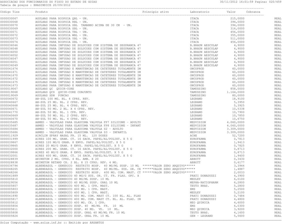 ITACA 316,0000 REAL 0000030071 AGULHAS PARA BIOPSIA TBL - UN. ITACA 456,0000 REAL 0000030072 AGULHAS PARA BIOPSIA WBL - UN. ITACA 355,0000 REAL 0000030073 AGULHAS PARA BIOPSIA YBL - UN.