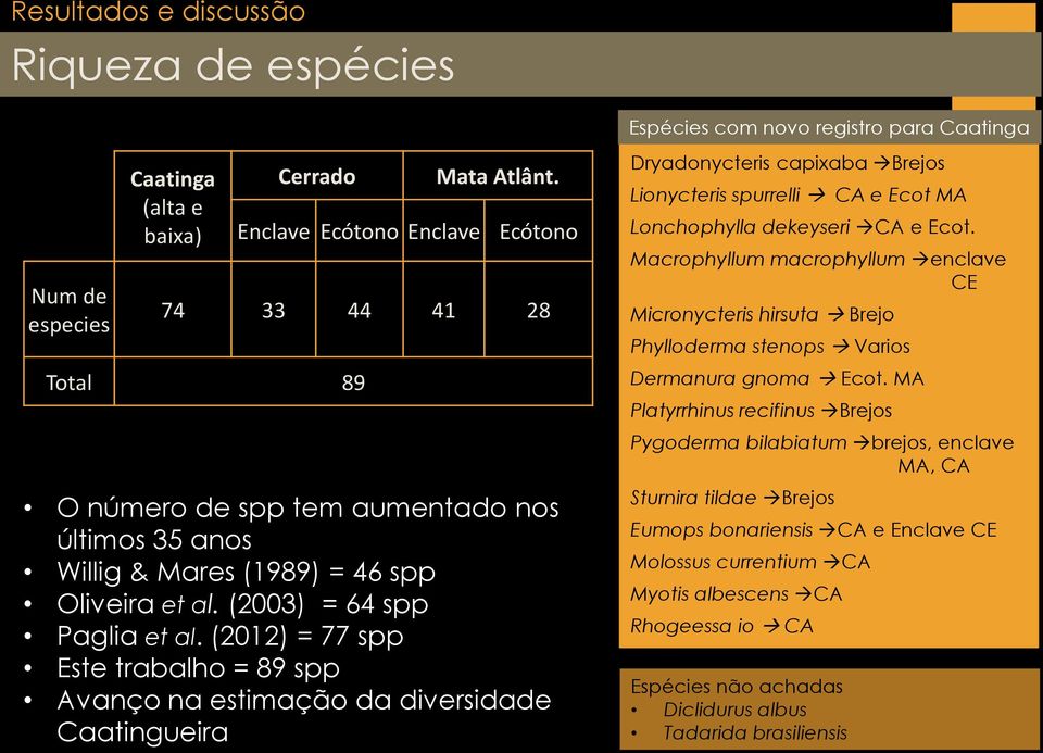 (2012) = 77 spp Este trabalho = 89 spp Avanço na estimação da diversidade Caatingueira Dryadonycteris capixaba Brejos Lionycteris spurrelli CA e Ecot MA Lonchophylla dekeyseri CA e Ecot.