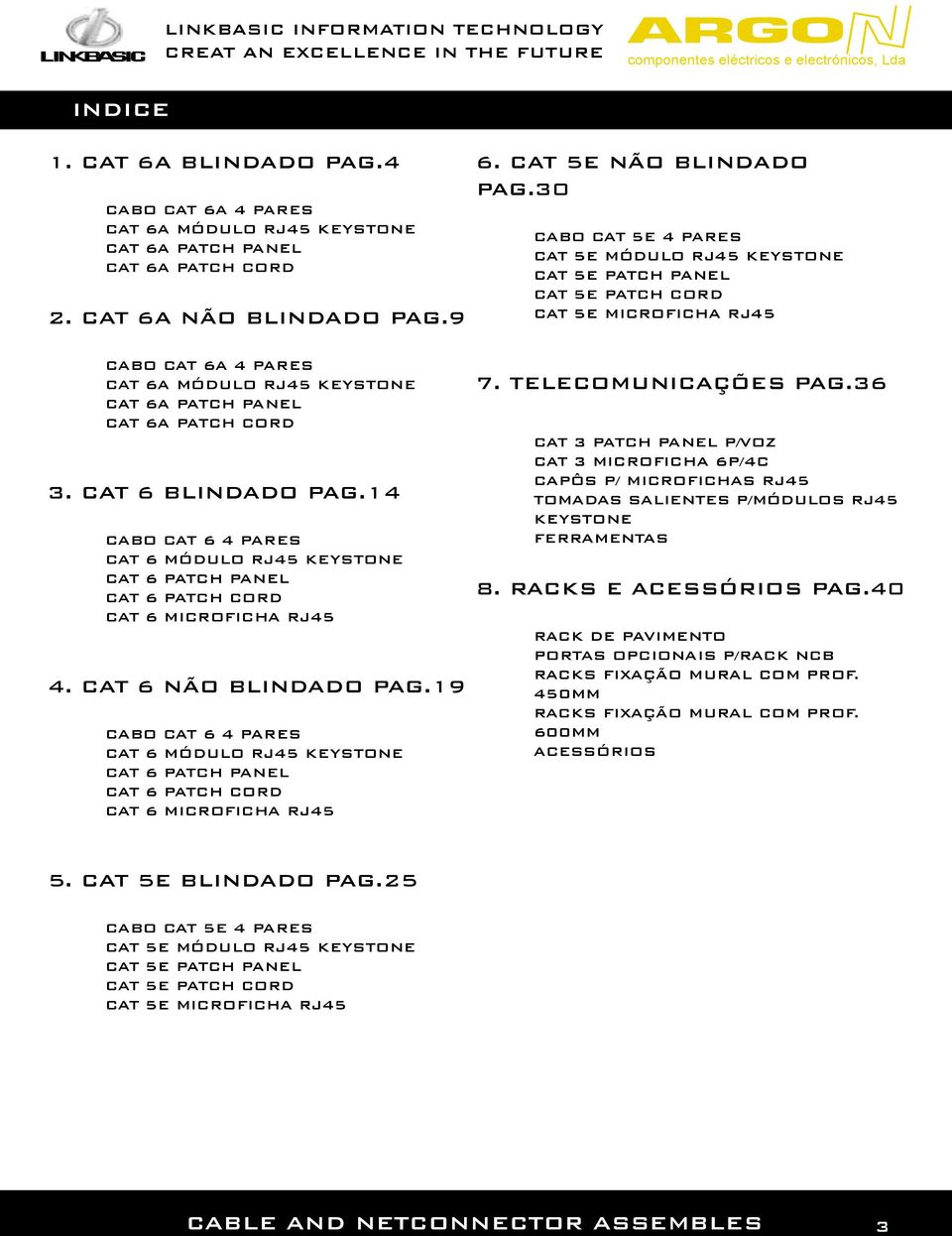 14 CABO CAT 6 4 PARES CAT 6 MÓDULO RJ45 KEYSTONE CAT 6 PATCH PANEL CAT 6 PATCH CORD CAT 6 MICROFICHA RJ45 4. CAT 6 NÃO BLINDADO PAG.