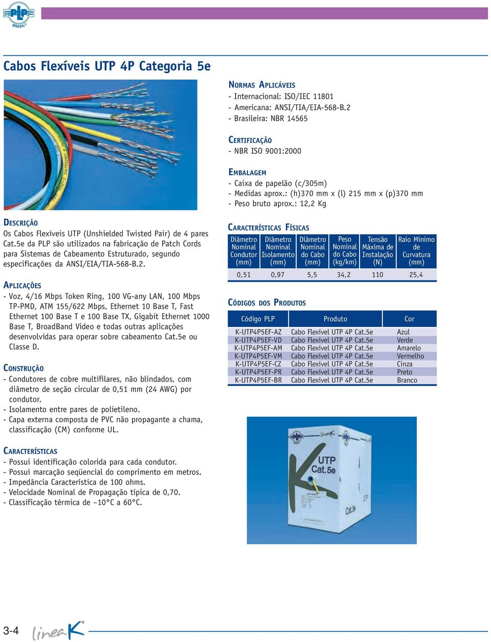 5e da PLP são utilizados na fabricação de Patch Cords para Sistemas de Cabeamento Estruturado, segundo especificações da ANSI/EIA/TIA-568-B.2.