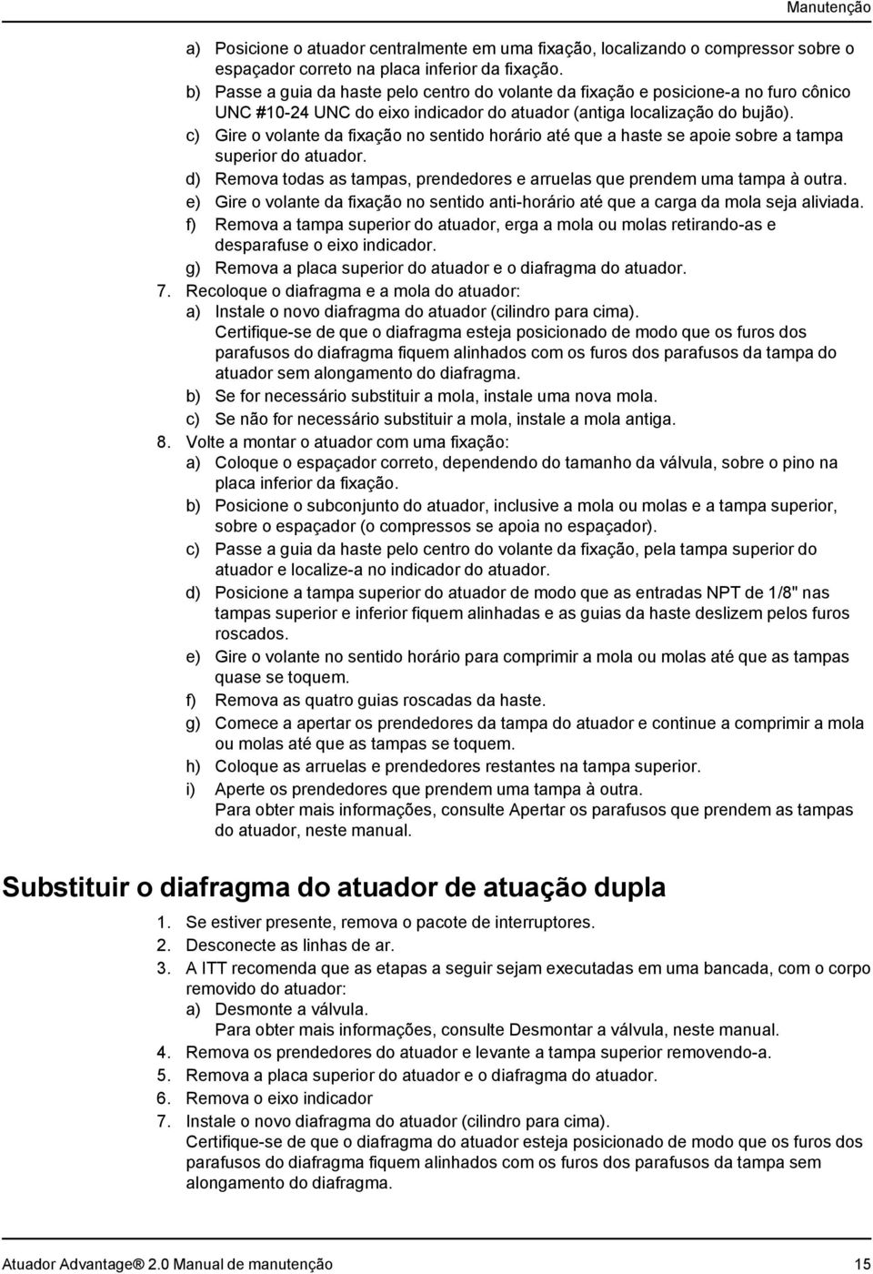 c) Gire o volante da fixação no sentido horário até que a haste se apoie sobre a tampa superior do atuador. d) Remova todas as tampas, prendedores e arruelas que prendem uma tampa à outra.