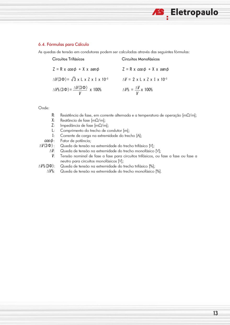 de fase [mω/m]; Z: Impedância de fase [mω/m]; L: Comprimento do trecho de condutor [m]; I: Corrente de carga na extremidade do trecho [A]; cosφ: Fator de potência; V(3Φ): Queda de tensão na