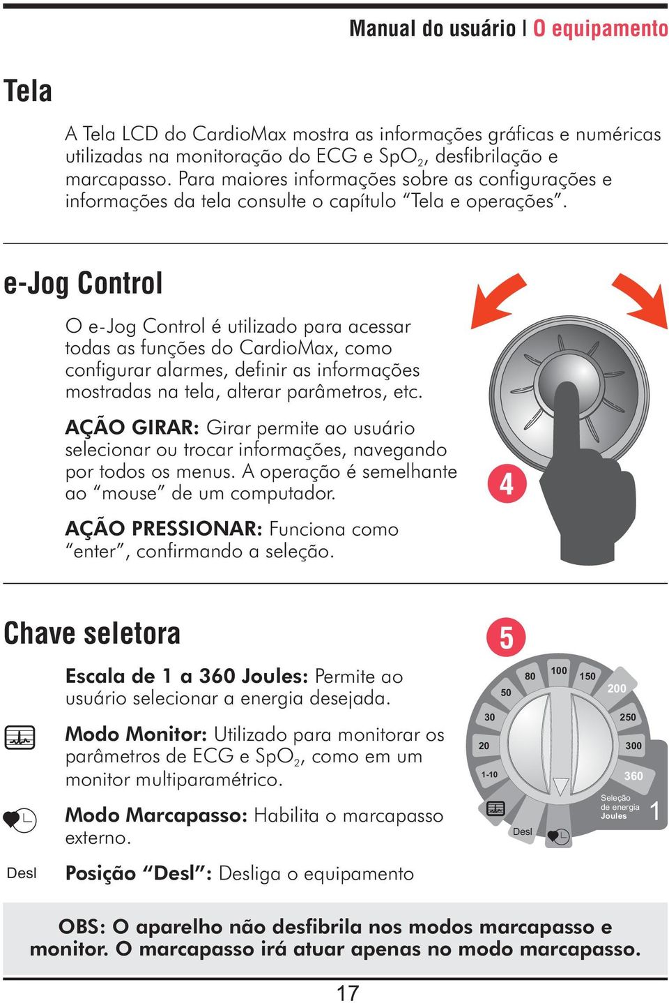 e-jog Control O e-jog Control é utilizado para acessar todas as funções do CardioMax, como configurar alarmes, definir as informações mostradas na tela, alterar parâmetros, etc.