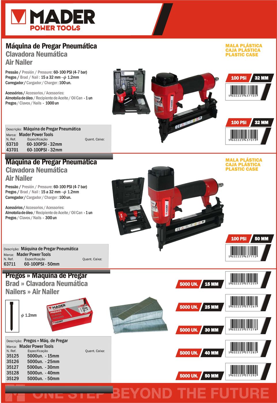 MM Descrição: Máquina de Pregar Pneumática 63710 60-100PSI - 32mm 43701 60-100PSI - 32mm  100 PSI 5 602225 437019 32 MM MALA PLÁSTICA CAJA PLÁSTICA PLASTIC CASE Acessórios / Accesorios / Acessories: