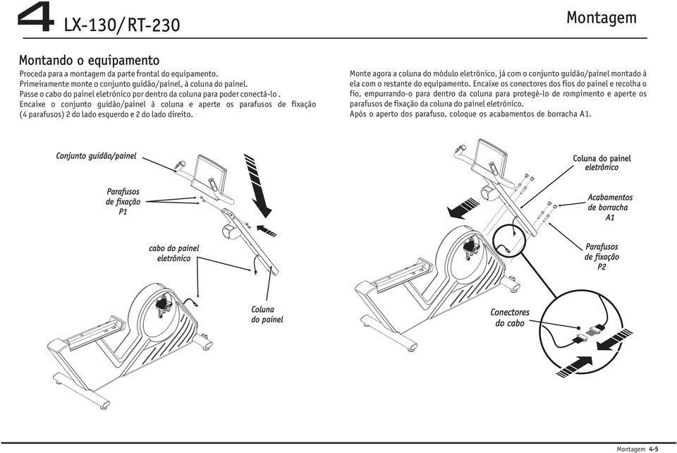 Encaixe o conjunto guidão/painel à coluna e aperte os parafusos de fixação (4 parafusos) 2 do lado esquerdo e 2 do lado direito.