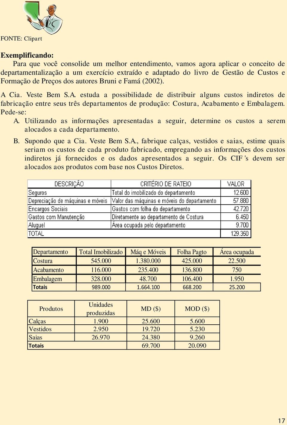 Cia. Veste Bem S.A. estuda a possibilidade de distribuir alguns custos indiretos de fabricação entre seus três departamentos de produção: Costura, Acabamento e Embalagem. Pede-se: A.