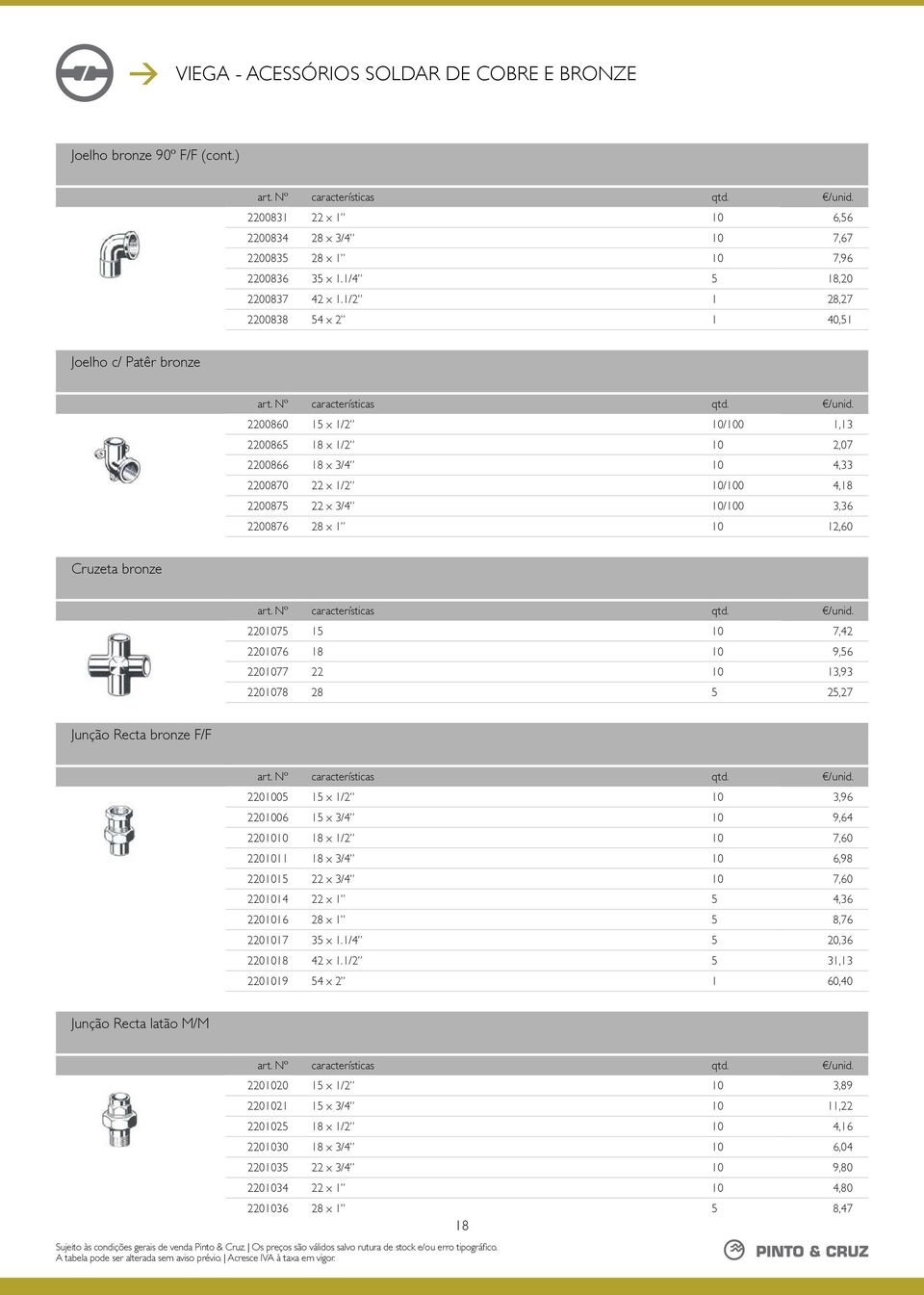 2200876 28 x 1 10 12,60 Cruzeta bronze 2201075 15 10 7,42 2201076 18 10 9,56 2201077 22 10 13,93 2201078 28 5 25,27 Junção Recta bronze F/F 2201005 15 x 1/2 10 3,96 2201006 15 x 3/4 10 9,64 2201010