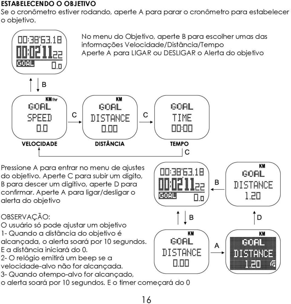 objetivo. Aperte C para subir um dígito, B para descer um digítivo, aperte D para confirmar.