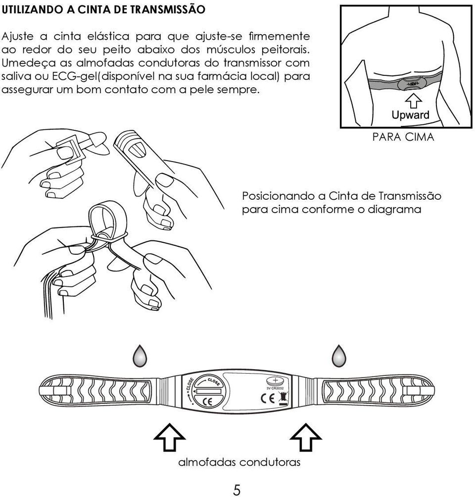 Umedeça as almofadas condutoras do transmissor com saliva ou ECG-gel(disponível na sua farmácia