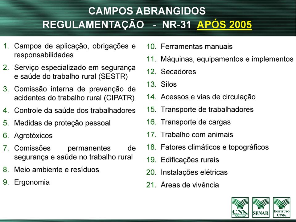 Comissões permanentes de segurança e saúde no trabalho rural 8. Meio ambiente e resíduos 9. Ergonomia 10. Ferramentas manuais 11. Máquinas, equipamentos e implementos 12. Secadores 13.