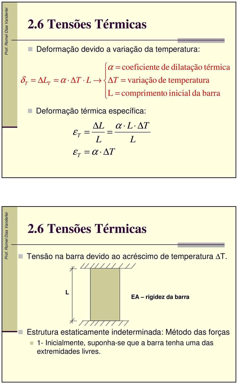 6 Tensões Térmicas Tensão na barra devido ao acréscimo de temperatura T.