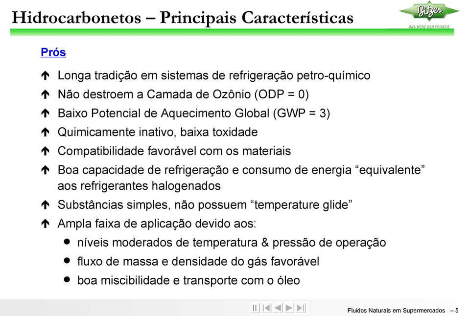 consumo de energia equivalente aos refrigerantes halogenados Substâncias simples, não possuem temperature glide Ampla faixa de aplicação devido aos: níveis