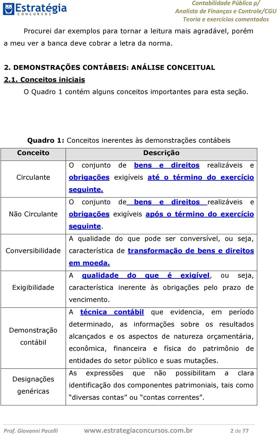 Quadro 1: Conceitos inerentes às demonstrações contábeis Conceito Circulante Não Circulante Conversibilidade Exigibilidade Demonstração contábil Designações genéricas Descrição O conjunto de bens e