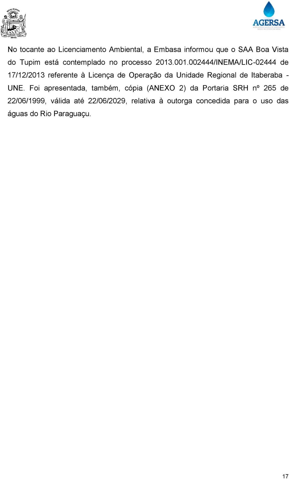 002444/INEMA/LIC-02444 de 17/12/2013 referente à Licença de Operação da Unidade Regional de Itaberaba