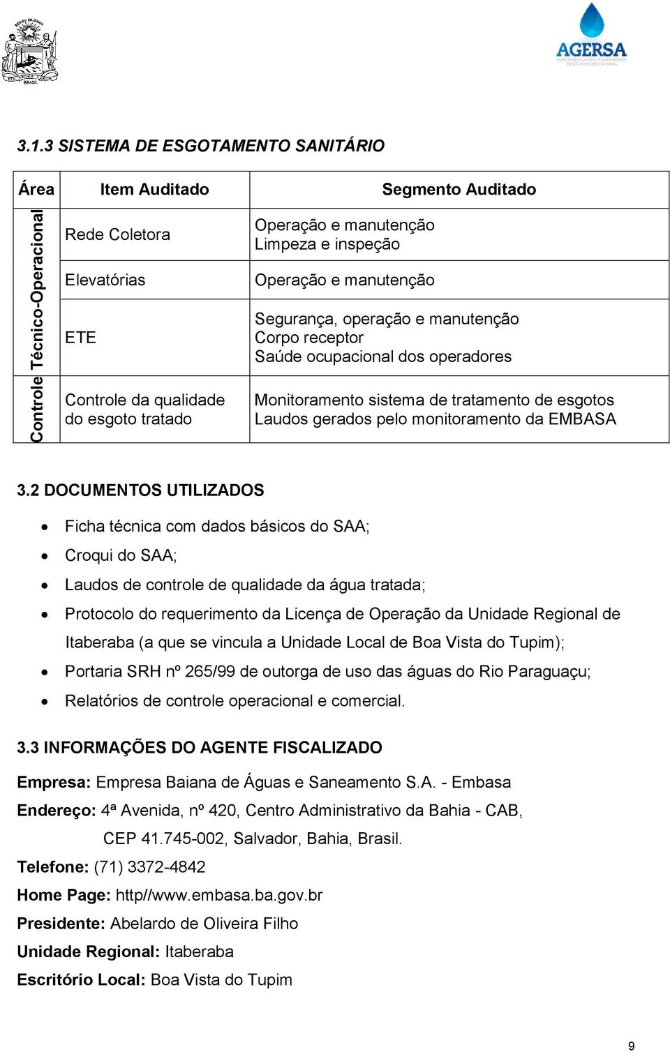 Corpo receptor Saúde ocupacional dos operadores Controle da qualidade do esgoto tratado Monitoramento sistema de tratamento de esgotos Laudos gerados pelo monitoramento da EMBASA 3.