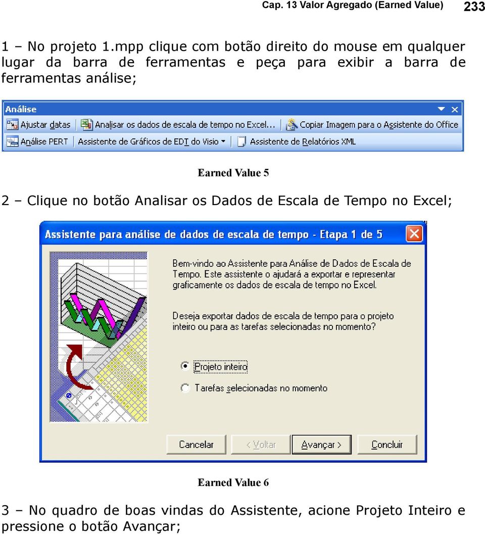 peça para exibir a barra de ferramentas análise; Earned Value 5 2 Clique no botão