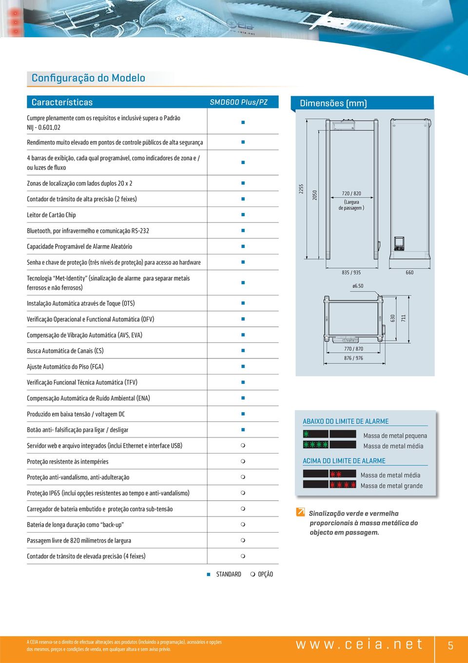 (mm) Zonas de localização com lados duplos 20 x 2 Contador de trânsito de alta precisão (2 feixes) Leitor de Cartão Chip 2255 2050 720 / 820 (Largura de passagem ) Bluetooth, por infravermelho e