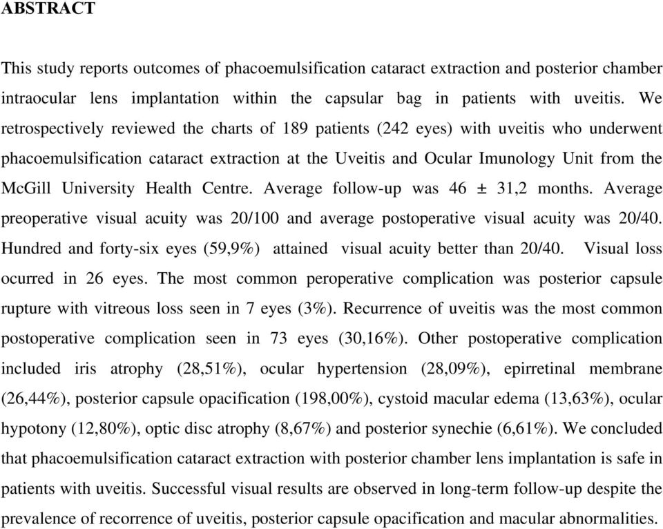 University Health Centre. Average follow-up was 46 ± 31,2 months. Average preoperative visual acuity was 20/100 and average postoperative visual acuity was 20/40.