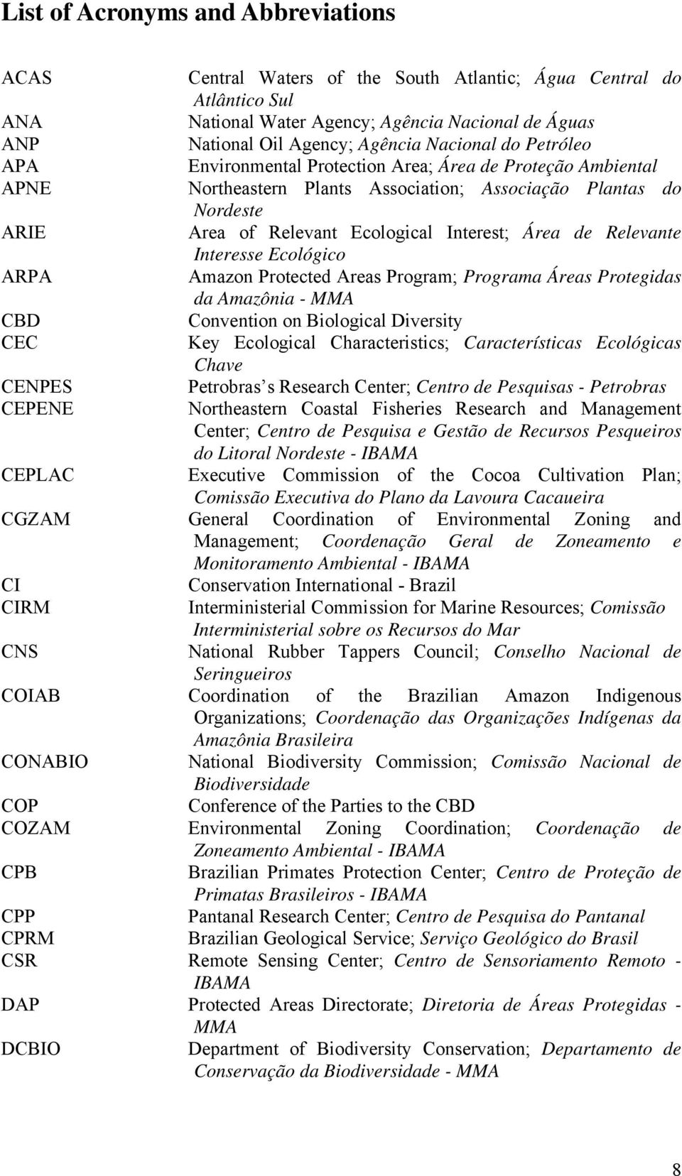 Relevant Ecological Interest; Área de Relevante Interesse Ecológico Amazon Protected Areas Program; Programa Áreas Protegidas da Amazônia - MMA Convention on Biological Diversity Key Ecological