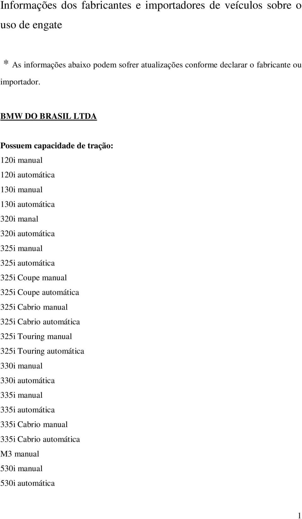 BMW DO BRASIL LTDA Possuem capacidade de tração: 120i manual 120i automática 130i manual 130i automática 320i manal 320i automática 325i manual 325i