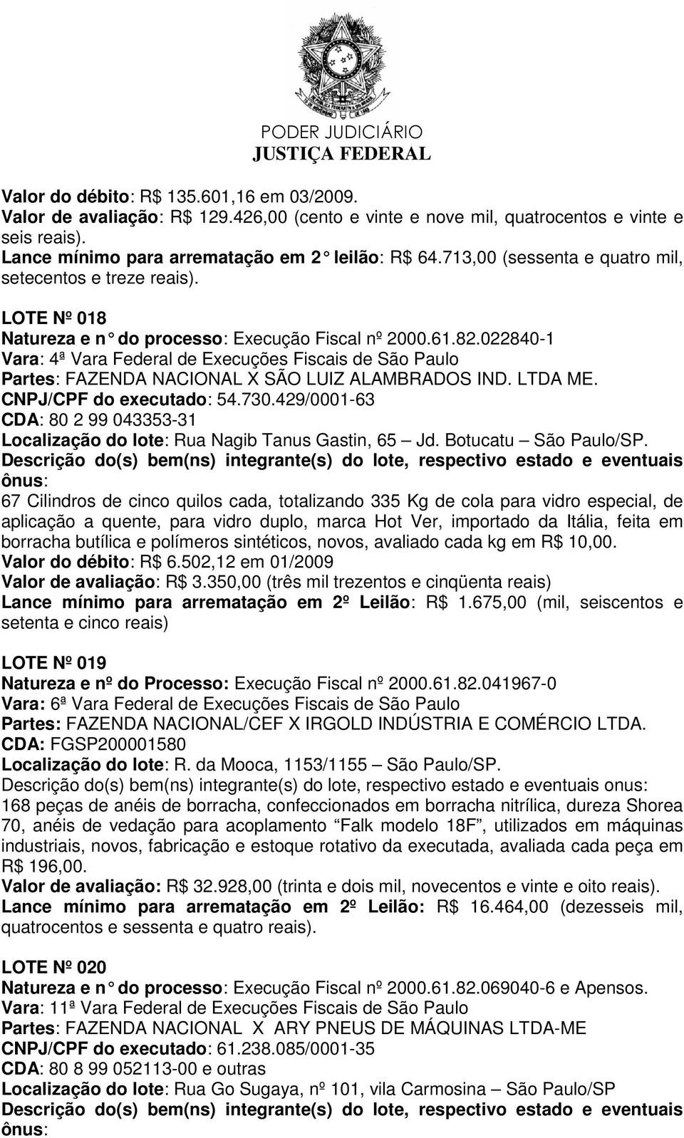 022840-1 Vara: 4ª Vara Federal de Execuções Fiscais de São Paulo Partes: FAZENDA NACIONAL X SÃO LUIZ ALAMBRADOS IND. LTDA ME. CNPJ/CPF do executado: 54.730.