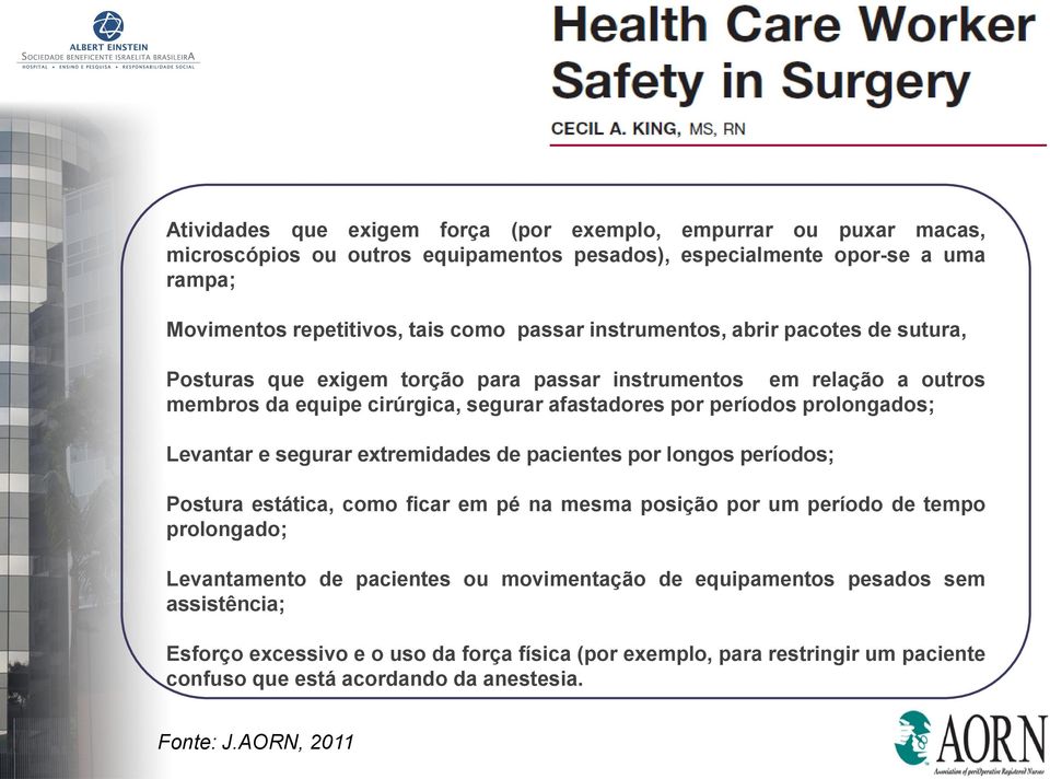 Levantar e segurar extremidades de pacientes por longos períodos; Postura estática, como ficar em pé na mesma posição por um período de tempo prolongado; Levantamento de pacientes ou