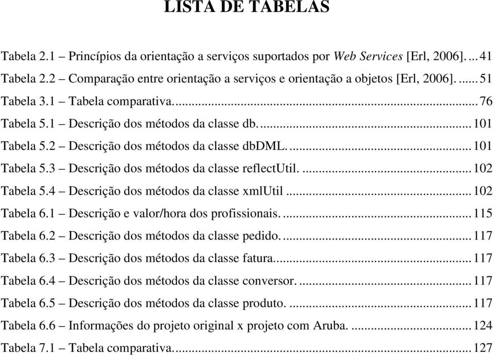 ... 102 Tabela 5.4 Descrição dos métodos da classe xmlutil... 102 Tabela 6.1 Descrição e valor/hora dos profissionais.... 115 Tabela 6.2 Descrição dos métodos da classe pedido.... 117 Tabela 6.