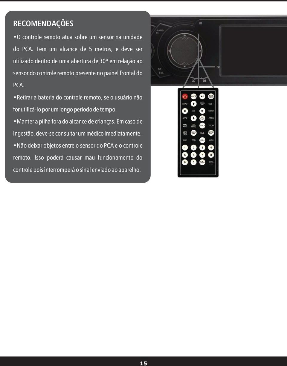 PCA. Retirar a bateria do controle remoto, se o usuário não for utilizá-lo por um longo período de tempo. Manter a pilha fora do alcance de crianças.