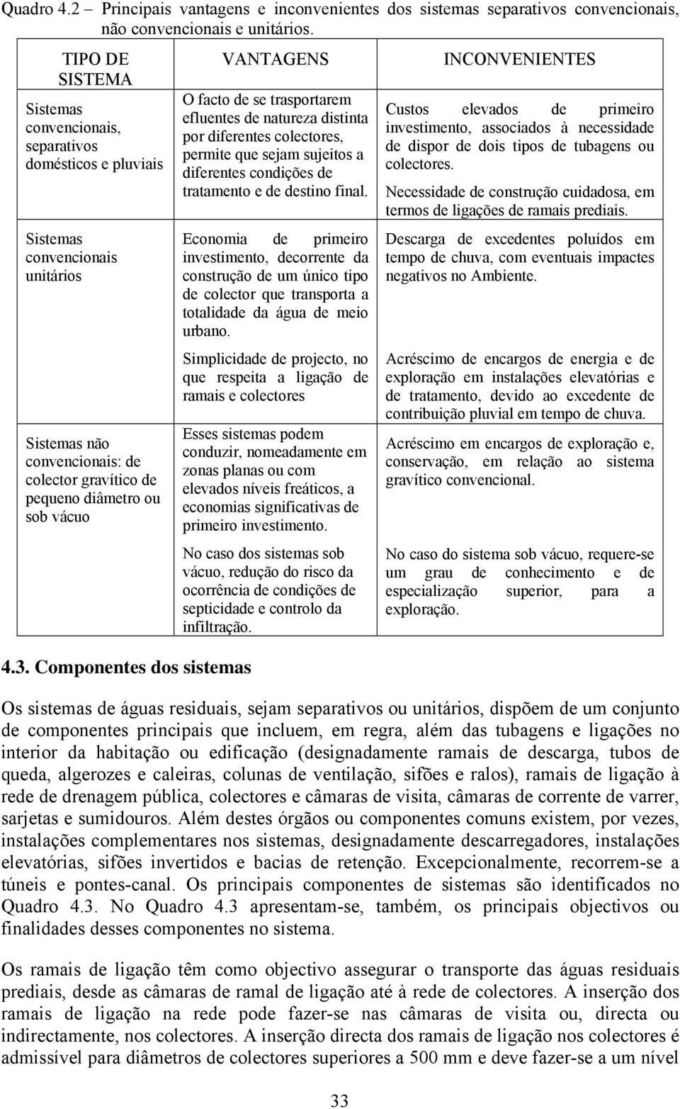 Componentes dos sistemas VANTAGENS O facto de se trasportarem efluentes de natureza distinta por diferentes colectores, permite que sejam sujeitos a diferentes condições de tratamento e de destino