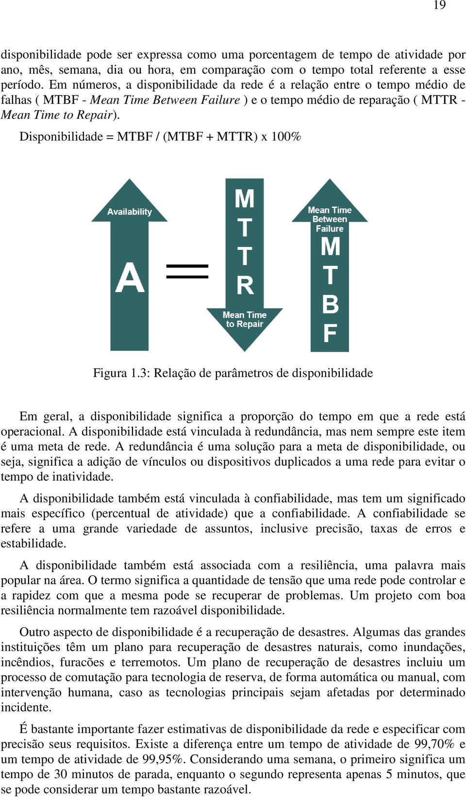 Disponibilidade = MTBF / (MTBF + MTTR) x 100% Figura 1.3: Relação de parâmetros de disponibilidade Em geral, a disponibilidade significa a proporção do tempo em que a rede está operacional.