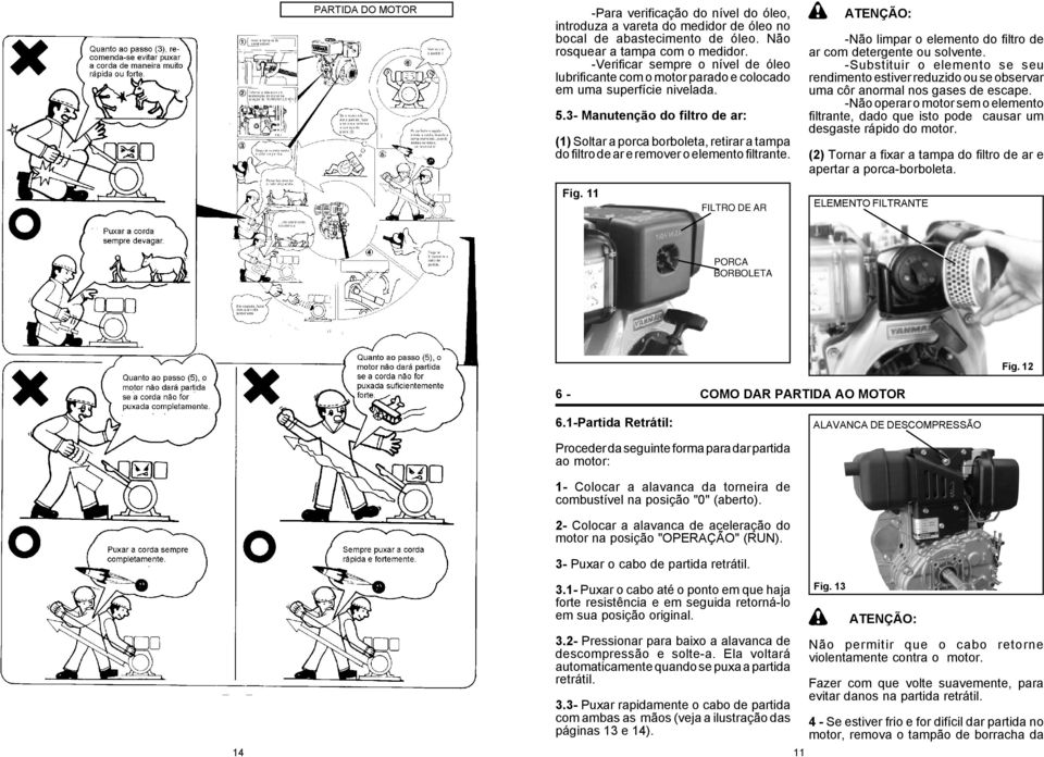 3- Manutenção do filtro de ar: (1) Soltar a porca borboleta, retirar a tampa do filtro de ar e remover o elemento filtrante. -Não limpar o elemento do filtro de ar com detergente ou solvente.