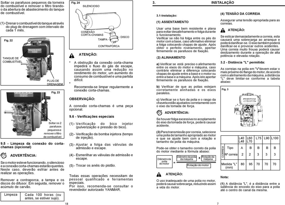 5 - Limpeza da conexão do cortachamas (opcional) Se o motor esteve funcionando, o silencioso e a conexão corta-chamas estarão quentes. Neste caso, deverão esfriar antes de realizar as operações.