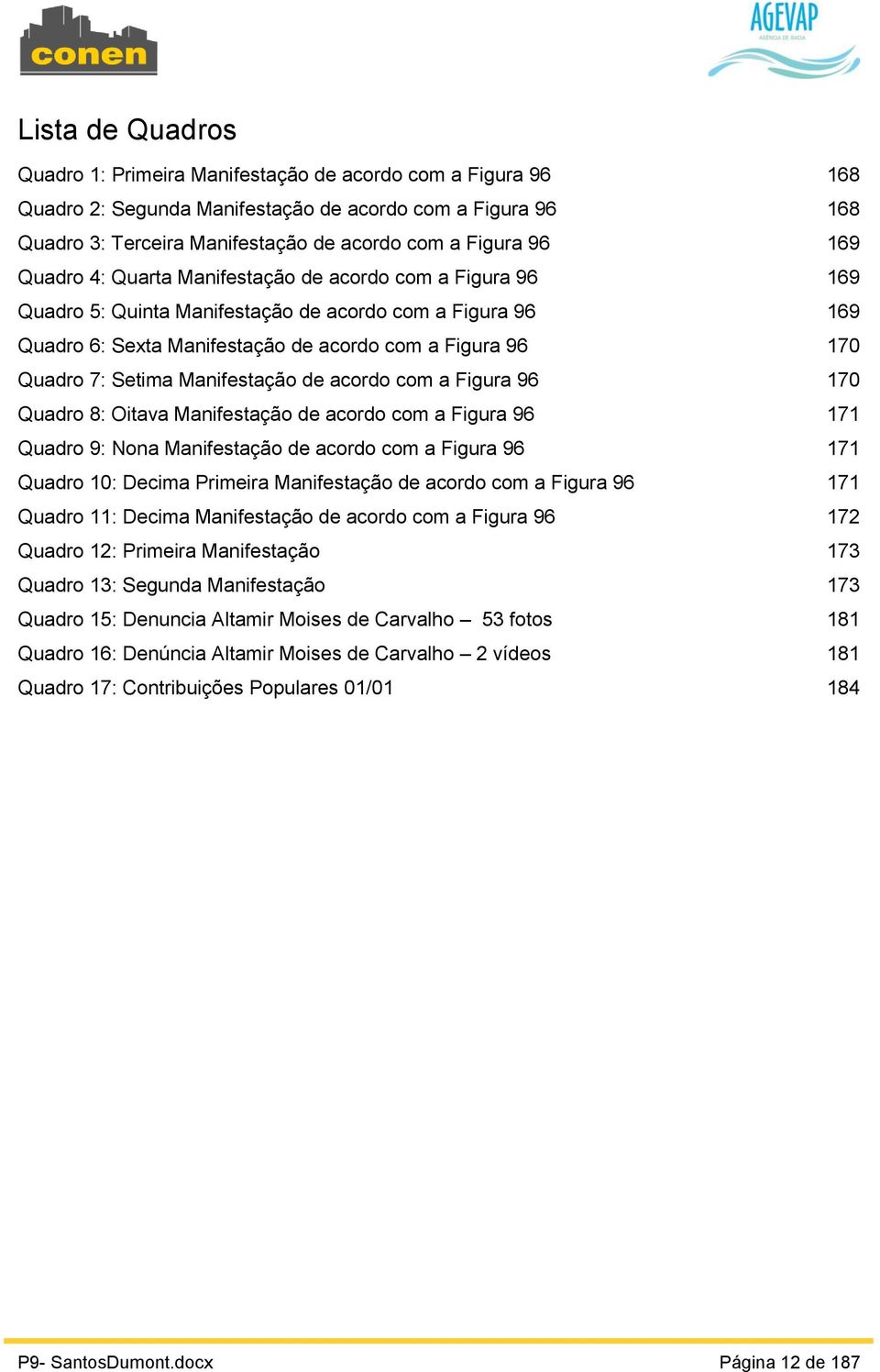 Manifestação de acordo com a Figura 96 170 Quadro 8: Oitava Manifestação de acordo com a Figura 96 171 Quadro 9: Nona Manifestação de acordo com a Figura 96 171 Quadro 10: Decima Primeira