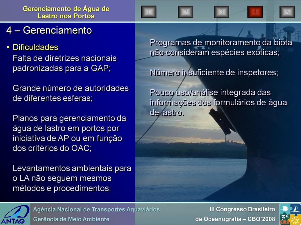 Programas de monitoramento da biota não consideram espécies exóticas; Número insuficiente de inspetores; Pouco uso/análise