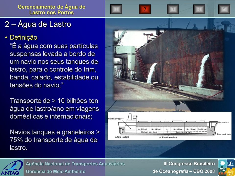 ou tensões do navio; Transporte de > 10 bilhões ton água de lastro/ano em viagens