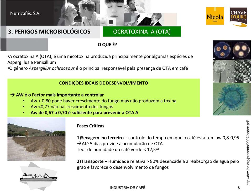 CONDIÇÕES IDEAIS DE DESENVOLVIMENTO AW éo Factor mais importante a controlar Aw < 0,80 pode haver crescimento do fungo mas não produzem a toxina Aw <0,77 não há crescimento dos fungos Aw de 0,67 a