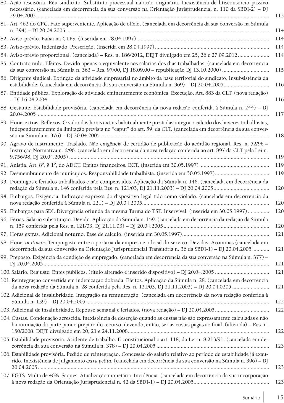 (cancelada em decorrência da sua conversão na Súmula n. 394) DJ 20.04.2005... 114 82. Aviso-prévio. Baixa na CTPS. (inserida em 28.04.1997)... 114 83. Aviso-prévio. Indenizado. Prescrição.