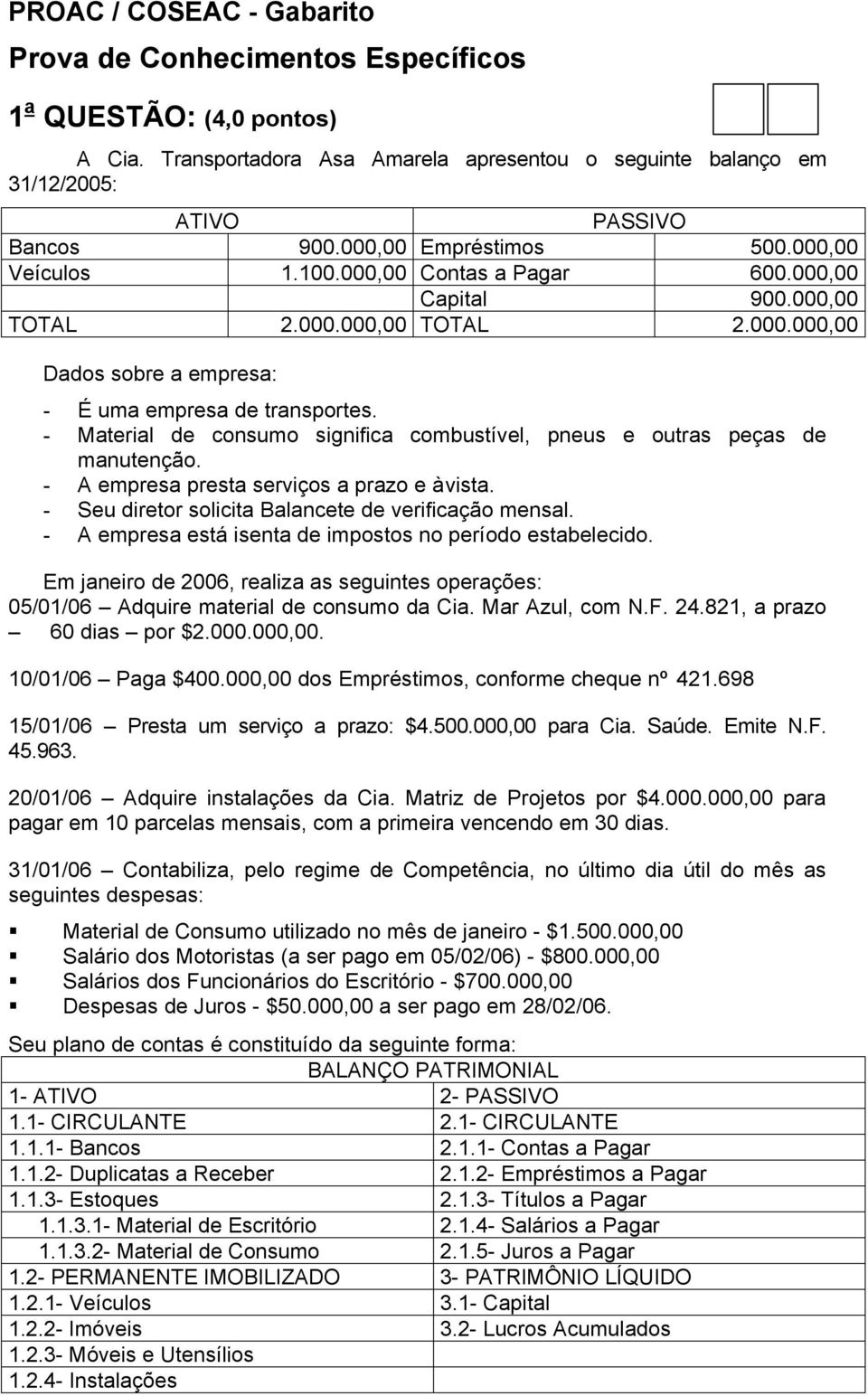 - Material de consumo significa combustível, pneus e outras peças de manutenção. - A empresa presta serviços a prazo e à vista. - Seu diretor solicita Balancete de verificação mensal.