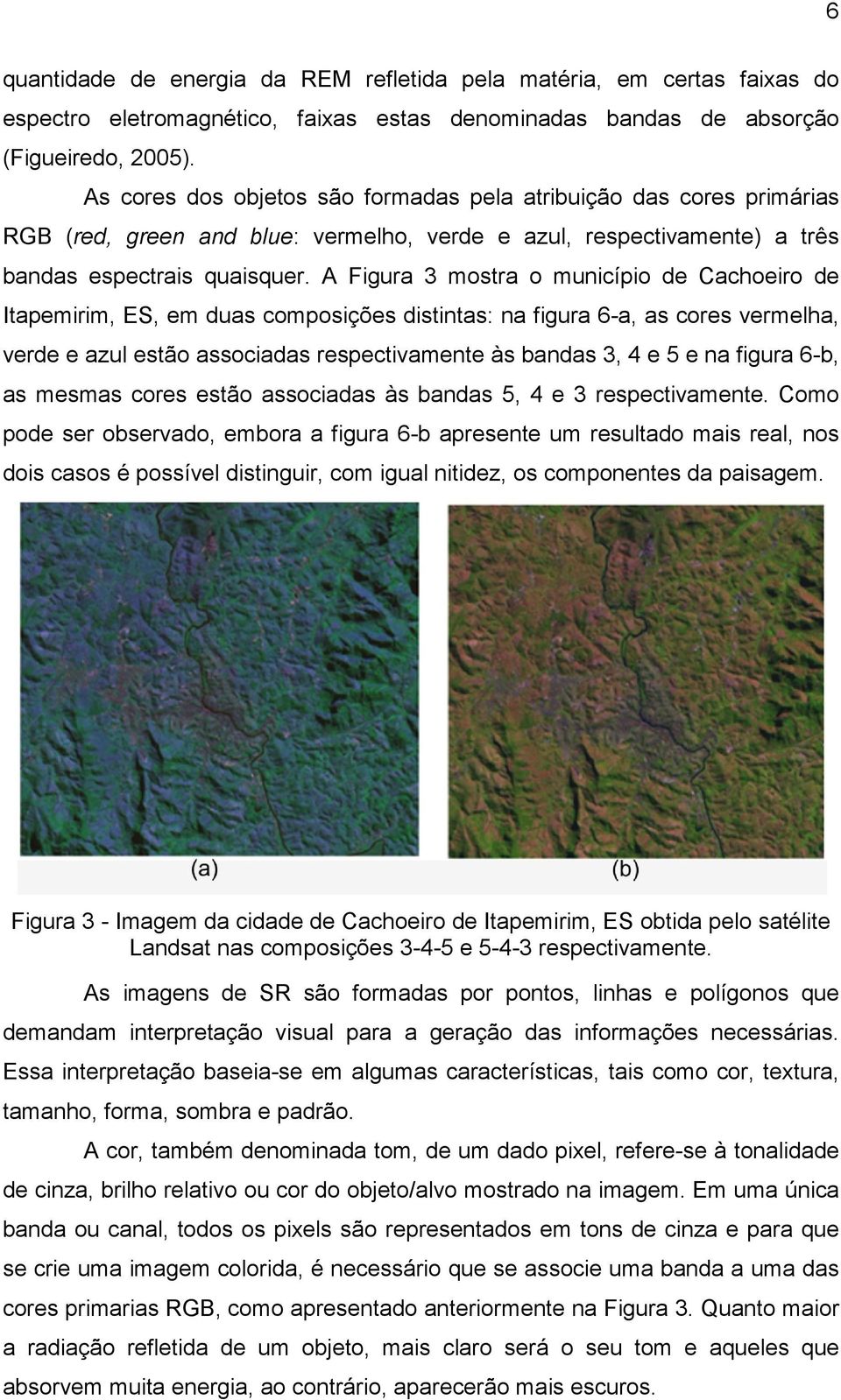 A Figura 3 mostra o município de Cachoeiro de Itapemirim, ES, em duas composições distintas: na figura 6-a, as cores vermelha, verde e azul estão associadas respectivamente às bandas 3, 4 e 5 e na