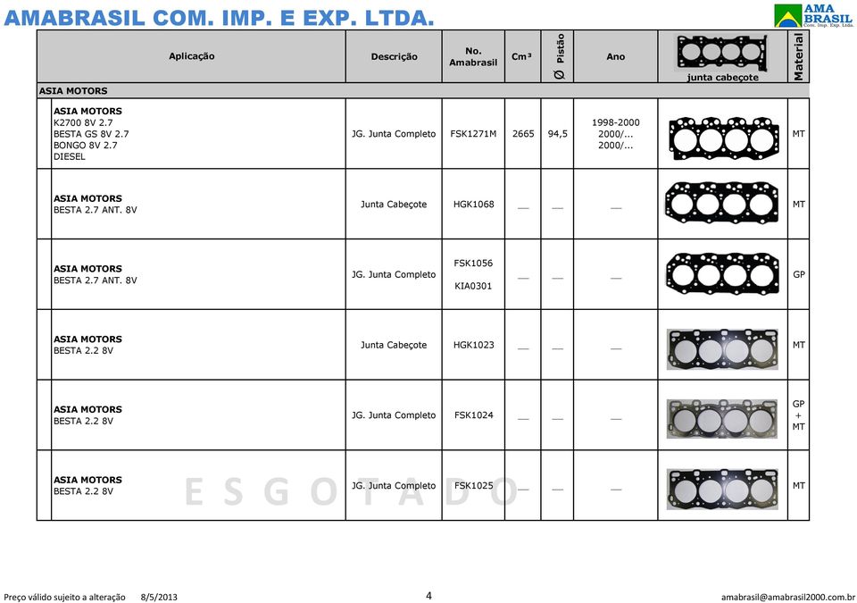 8V HGK1068 ASIA MOTORS BESTA 2.7 ANT. 8V JG. Junta Completo FSK1056 KIA0301 ASIA MOTORS BESTA 2.