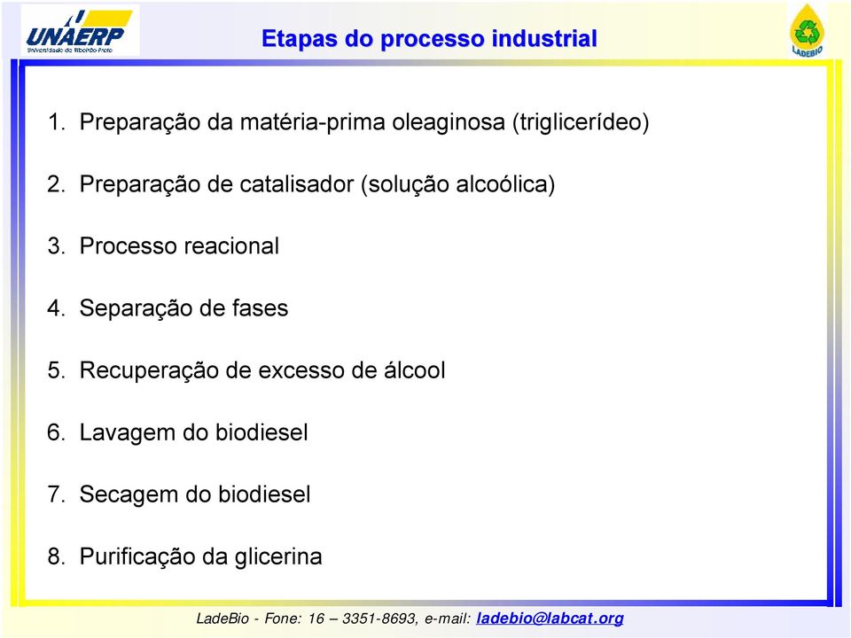 Preparação de catalisador (solução alcoólica) 3. Processo reacional 4.