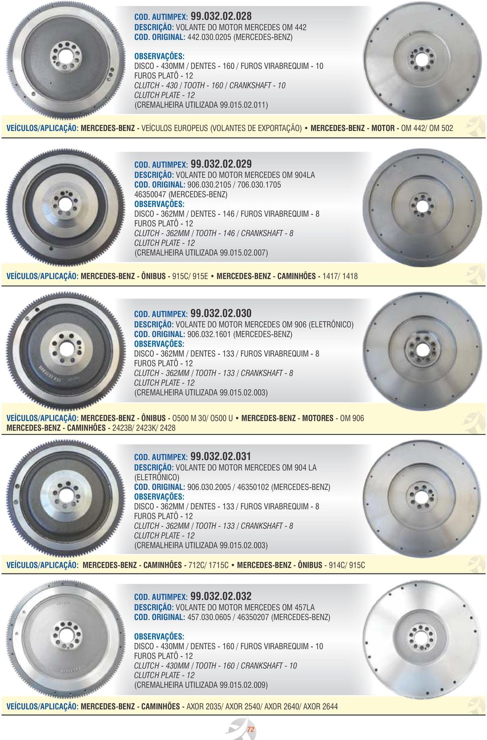 AUTIMPEX: 99.032.02.029 DESCRIÇÃO: VOLANTE DO MOTOR MERCEDES OM 904LA COD. ORIGINAL: 90.030.