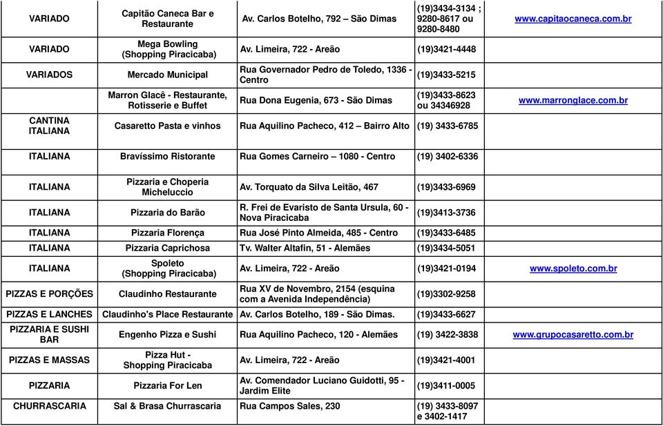 Limeira, 722 - Areão (19)3421-4448 Rua Governador Pedro de Toledo, 1336 - Centro Rua Dona Eugenia, 673 - São Dimas (19)3433-5215 (19)3433-8623 ou 34346928 Casaretto Pasta e vinhos Rua Aquilino